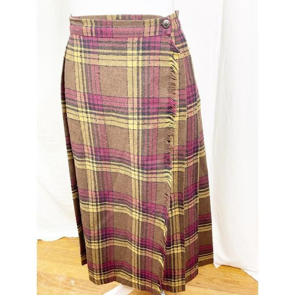Vintage 1970's It's Magic Plaid Wool Flat Front Pleated Wrap Skirt - Picture 3 of 5